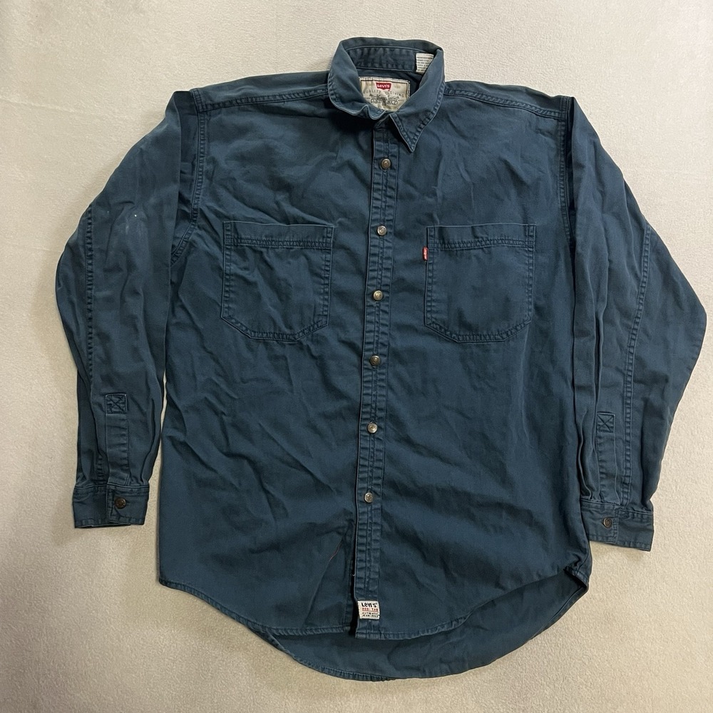 Vintage Levis Shirt Men's Medium Teal Blue Denim Metal Buttons Red Tab Work 90s